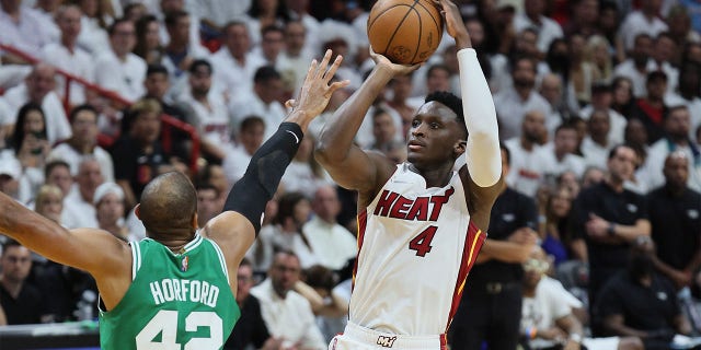 Victor Oladipo # 4 of the Miami Heat against the Boston Celtics during Round 7 of the Eastern Conference Finals at the FTX Arena on May 29, 2022 in Miami, Florida. 