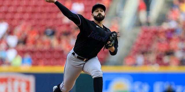 Miami Marlins' Pablo Lopez throws during the first inning of a baseball game against the Cincinnati Reds in Cincinnati, Tuesday, July 26, 2022.