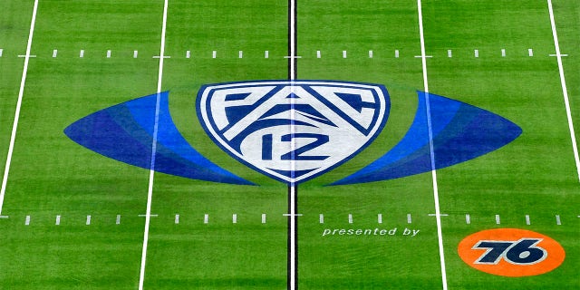 A general view of the PAC-12 logo at midfield before the PAC-12 Football Championship football game between the Oregon Ducks and the Utah Utes at Allegiant Stadium on Dec. 3, 2021 in Las Vegas.