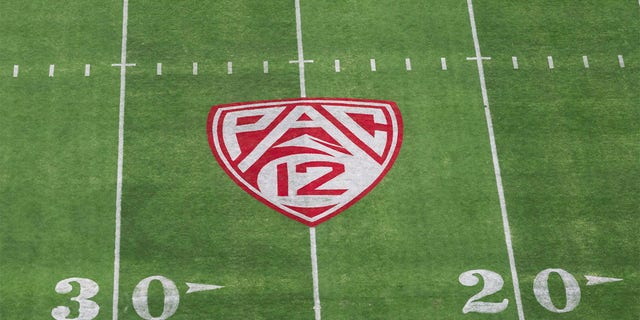 A high angle view of the Pac-12 logo on the field at Stanford Stadium during the NCAA Pac-12 college football game between the Stanford Cardinals and the UCLA Bruins on September 26, 2021 in Palo Alto, California. 