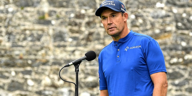 Padraig Harrington of Ireland speaks at a press conference ahead of his round on the first day of the JP McManus Pro-Am at the Adare Manor Golf Club in Adare, Limerick.