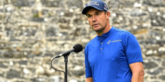 Padraig Harrington of Ireland speaking at a press conference ahead of his round of the JP McManus Pro-Am at Adare Manor Golf Club in Adare, Limerick