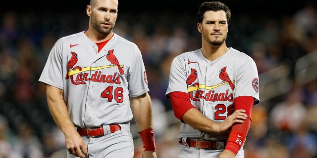 St. Louis Cardinals' Paul Goldschmidt (46) and Nolan Arenado (28) faced the New York Mets on September 14, 2021 in Citi Field, New York City.