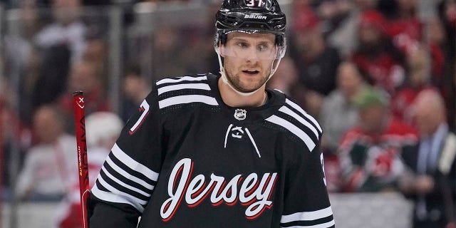 New Jersey Devils' Pavel Zacha is shown during the third period of an NHL hockey game against the Detroit Red Wings in Newark, N.J., Friday, April 29, 2022. The New Jersey Devils swapped forwards with the Boston Bruins, trading winger Pavel Zacha for center Erik Haula in a trade completed less than an hour before the NHL’s free agency period opened on Wednesday, July 13, 2022.