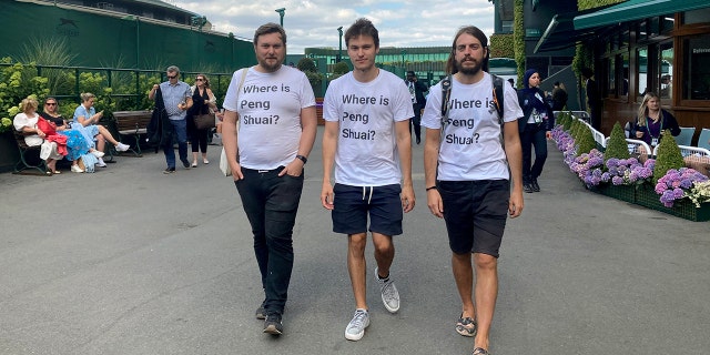 Four activists wearing "Where is Peng Shuai?" T-shirts were stopped by security at Wimbledon on Monday and had their bags searched.