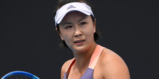 FILE - China's Peng Shuai reacts during her first round singles match against Japan's Nao Hibino at the Australian Open tennis championship in Melbourne, Australia on Jan. 21, 2020. 