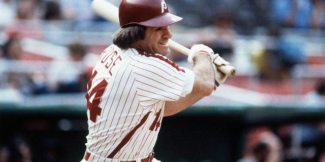 Philadelphia Phillies' Pete Rose bats during a 1980 baseball game. Rose will make an appearance on the field in Philadelphia next month. Baseball’s career hits leader will be part of Phillies alumni weekend, and will be introduced on the field alongside many former teammates from the 1980 World Series championship team on Aug. 7.