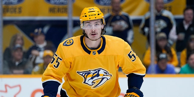 FILE - Nashville Predators' Philippe Myers plays against the Pittsburgh Penguins in an NHL hockey game, March 15, 2022, in Nashville, Tenn.