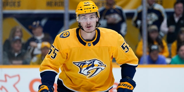 FILE - Nashville Predators' Philippe Myers plays against the Pittsburgh Penguins in an NHL hockey game, March 15, 2022, in Nashville, Tenn.