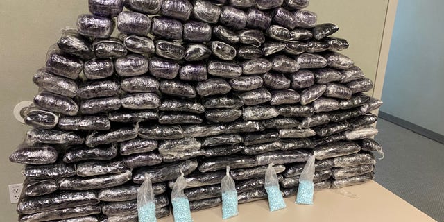 This photo shows the largest seizure of fentanyl pills in California history.