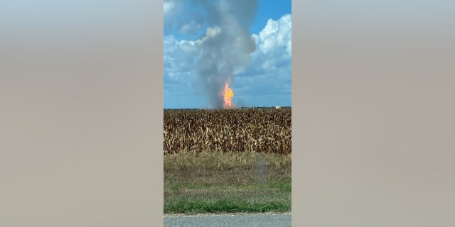 Fire shoots upward after a pipeline explodes in Fort Bend County, Texas