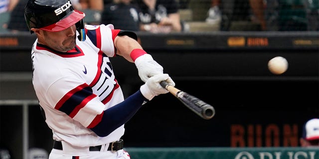 AJ Pollock of the Chicago White Sox completes a three-run home run during the second inning of a baseball game against the Cleveland Guardian on Sunday, July 24, 2022 in Chicago. 