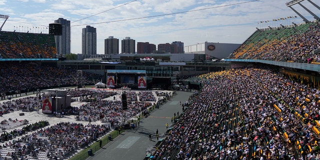 Pope Francis presides over a Mass at the Commonwealth Stadium in Edmonton, Canada, Tuesday, July 26, 2022.