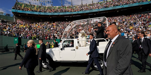 Pope Francis arrives for an open-air Mass at Commonwealth Stadium in Edmonton, Alberta on Tuesday, July 26, 2022. 