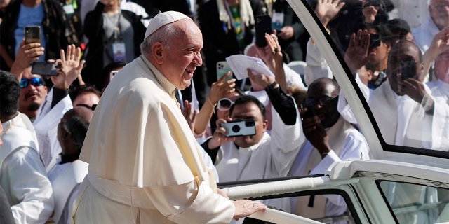 Pope Francis arrives on Tuesday, July 26, 2022 to attend a public mass at the Commonwealth Stadium in Edmonton.