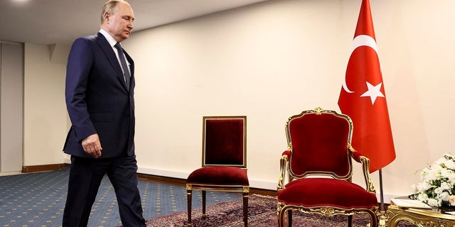 Russian President Vladimir Putin walks to greet Turkish President Recep Tayyip Erdogan prior to their talks at the Saadabad palace, in Tehran, Iran, Tuesday, July 19, 2022. (Sergei Savostyanov, Sputnik, Kremlin Pool Photo via G3 Box News)