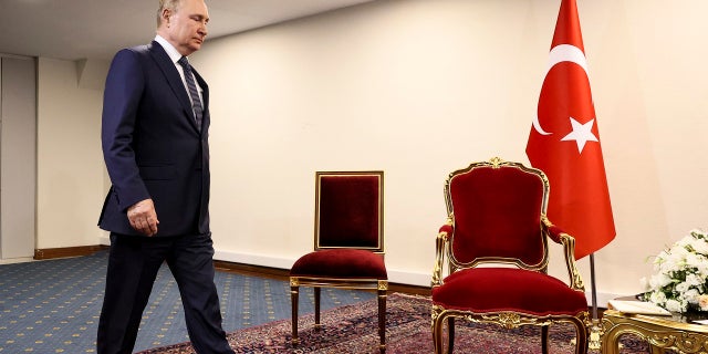Russian President Vladimir Putin walks to greet Turkish President Recep Tayyip Erdogan prior to their talks at the Saadabad palace, in Tehran, Iran, Tuesday, July 19, 2022. (Sergei Savostyanov, Sputnik, Kremlin Pool Photo via G3 Box News)