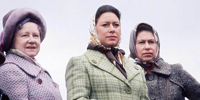 The Queen Mother with Queen Elizabeth II (right) and Princess Margaret at Badminton.