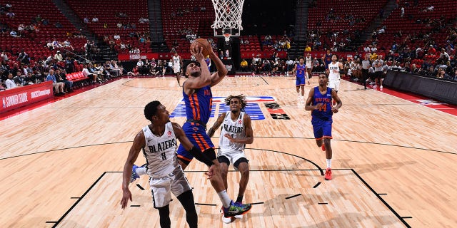 Quentin Grimes #6 of New York Knicks shoots the ball during the game against the Portland Trail Blazers during the 2022 Las Vegas Summer League on July 11, 2022 at the Thomas & Mack Center in Las Vegas, Nevada