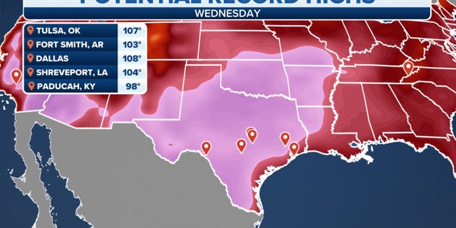 Potential record high temperatures in the South on Wednesday