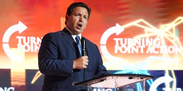 Republican Florida Gov. Ron DeSantis speaks to the Turning Point USA Student Action Summit on July 22, 2022.