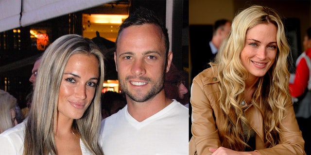 A photo combination of slain model Reeva Steenkamp with her killer Oscar PIstorius Jan. 13, 2013 and a portrait of her on the right.