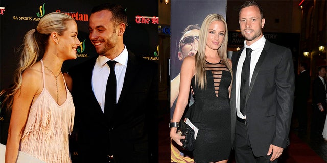 A photo combination of Reeva Steenkamp and Oscar Pistorius attending events before her 2013 murder. On the right, the couple is on their first date at the SA Sports Awards Gala Dinner Nov. 4, 2012, in Johannesburg, South Africa. On the right, the couple attend the Virgin Active Sport Industry Awards Feb. 7, 2013, also in Johannesburg.
