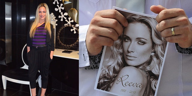 A photo combination showing Reeva Steenkamp celebrating her last birthday on Aug. 12, 2012. On the right, a relative clutches a funeral program six days after Oscar Pistorius shot her to death Feb. 14, 2013. 