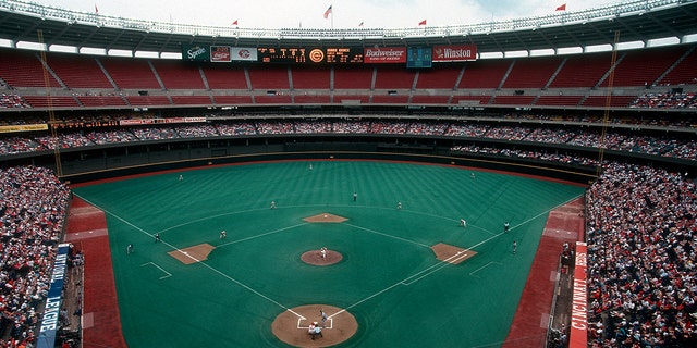 A detailed view of Riverfront Stadium during a Cincinnati Reds major league baseball game, circa 1991 in Cincinnati, Ohio. 