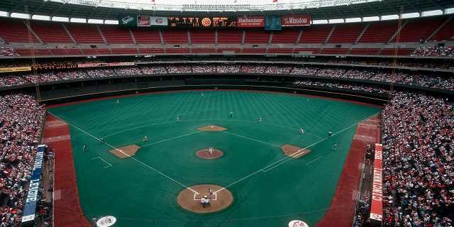 A detailed overview of the Riverfront Stadium during a Cincinnati Reds Major League Baseball game around 1991 in Cincinnati, Ohio. 