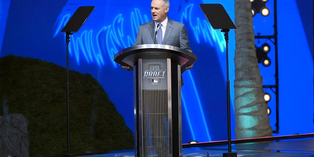 Robert Manfred, commissioner of Major League Baseball, opens the 2022 MLB Draft at XBOX Plaza on July 17, 2022 in Los Angeles, California.