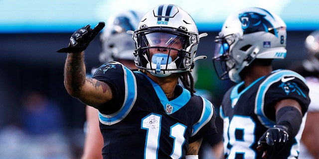 Robby Anderson, #11 of the Carolina Panthers, reacts following a catch during the second half of the game against the Tampa Bay Buccaneers at Bank of America Stadium on December 26, 2021 in Charlotte, North Carolina.