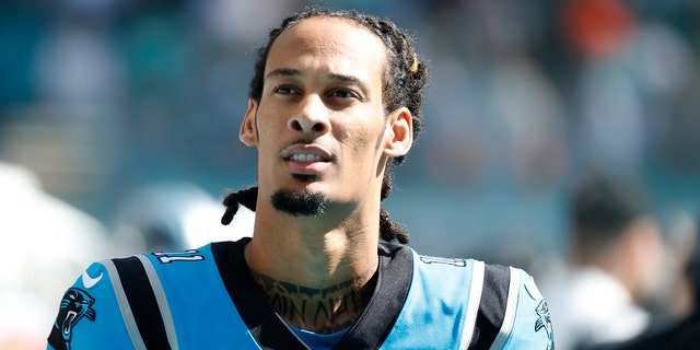 Robby Anderson, #11 of the Carolina Panthers, looks on before the game against the Miami Dolphins at Hard Rock Stadium on Nov. 28, 2021 in Miami Gardens, Florida.