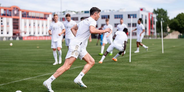 Robert Lewandowski of FC Bayern Muenchen during a training session of FC Bayern München at Saebener Strasse training ground on July 13, 2022 in Munich, Germany.