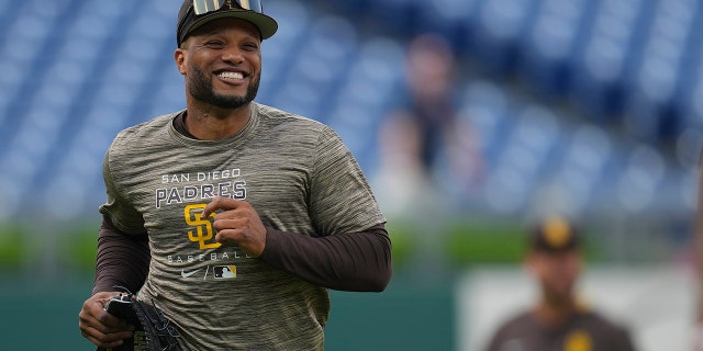 No. 24 Robinson Cano of the San Diego Padres reacts before a game against the Philadelphia Phillies at Citizens Bank Park on May 17, 2022 in Philadelphia, Pennsylvania. The Padres defeated the Phillies 3-0.
