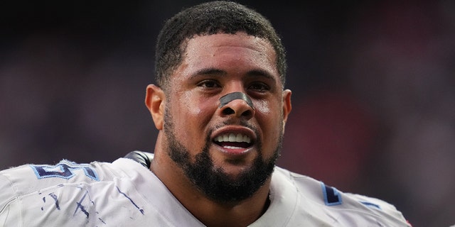 Rodger Saffold of the Tennessee Titans walks off of the field during a game against the Houston Texans at NRG Stadium Jan. 9, 2022 in Houston.