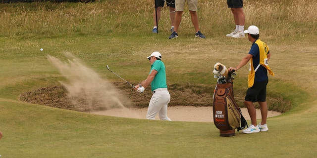 Northern Ireland's Rory McKilloy was a hit from the 10th green bunker in the third round of the Old Course British Open on Saturday, July 16, 2022 in St Andrews, Scotland.