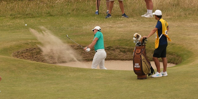 Northern Ireland's Rory McKilloy was a hit from the 10th green bunker in the third round of the Old Course British Open on Saturday, July 16, 2022 in St Andrews, Scotland.