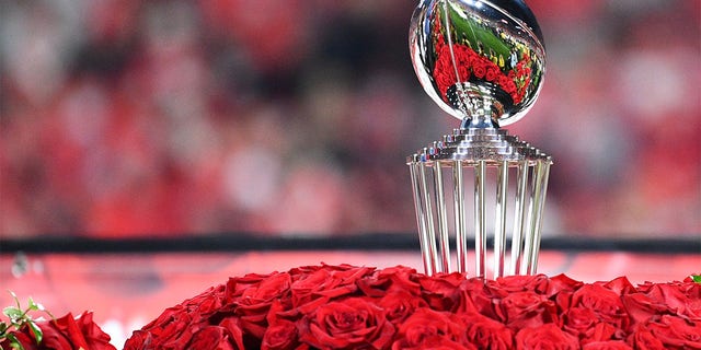 A view of the trophy after the Rose Bowl game between the Ohio State Buckeyes and the Utah Utes on January 1, 2022 at the Rose Bowl in Pasadena, CA. 