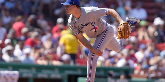 Toronto Blue Jays' Ross Stripling follows through on a pitch against the Boston Red Sox in the third inning of a baseball game, Sunday, July 24, 2022, in Boston.