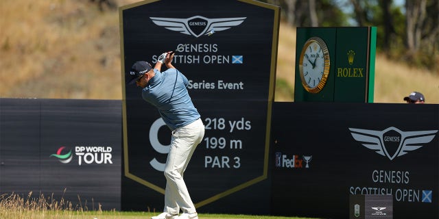 Russell Knox of Scotland tees off the 9th during Day One of the Genesis Scottish Open at The Renaissance Club on July 07, 2022 in North Berwick, Scotland.