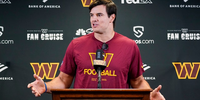 Former Washington player Ryan Kerrigan speaks with reporters about his retirement at the Commanders' training facility, Saturday, July 30, 2022, in Ashburn, Virginia.
