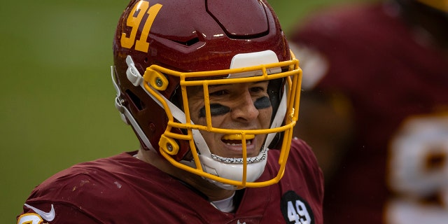 Washington's Ryan Kerrigan celebrates after recording a sack against the Dallas Cowboys at FedExField on Oct. 25, 2020, in Landover, Maryland.