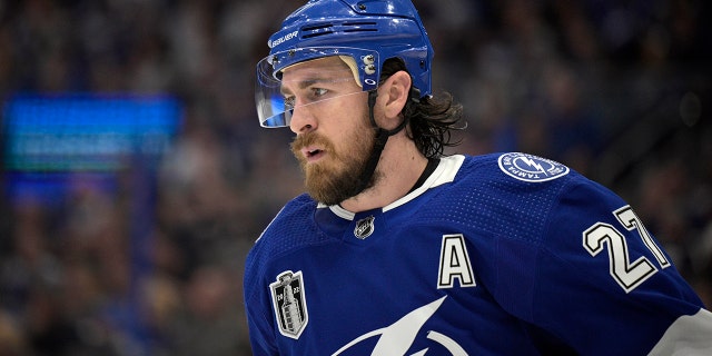 Tampa Bay Lightning defenseman Ryan McDonagh skates on the ice during the overtime period of Game 4 of the NHL hockey Stanley Cup Finals against the Colorado Avalanche, June 22, 2022, in Tampa, Fla.