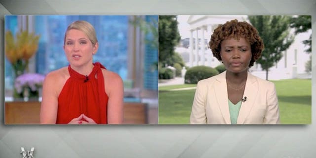 "The View" co-host Sara Haines asks White House press secretary Karine Jean-Pierre about newly released GDP numbers on Thursday showing the U.S. economy is in recession.