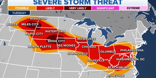 Severe storms threaten areas from the Plains to the East Coast
