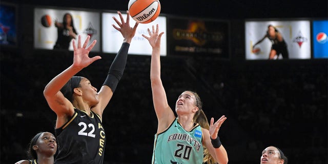 Sabrina Ionescu #20 of the New York Liberty shoots the ball during a game against the Las Vegas Aces at Vivint on July 6, 2022.  SmartHome Arena in Salt Lake City, Utah. 