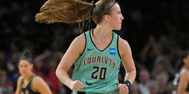 Sabrina Ionescu #20 of the New York Liberty looks on during a game against the Las Vegas Aces on July 6, 2022 at Michelob Ultra Arena in Las Vegas, Nevada.