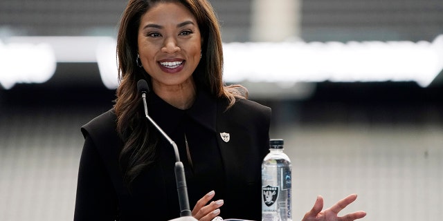 Sandra Douglass Morgan speaks during a news conference where she was announced as the new president of the Las Vegas Raiders Thursday, July 7, 2022, in Las Vegas.