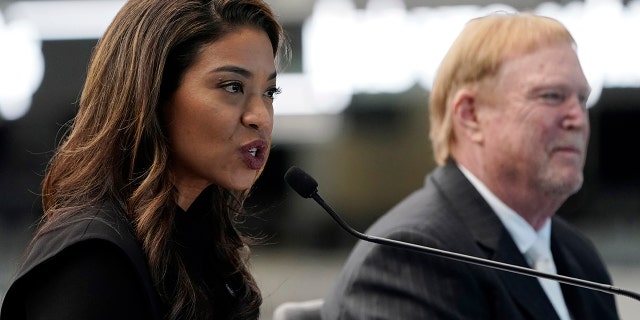 Sandra Douglass Morgan, left, speaks beside Las Vegas Raiders owner Mark Davis during a news conference announcing Morgan as the new president of the Raiders Thursday, July 7, 2022, in Las Vegas.